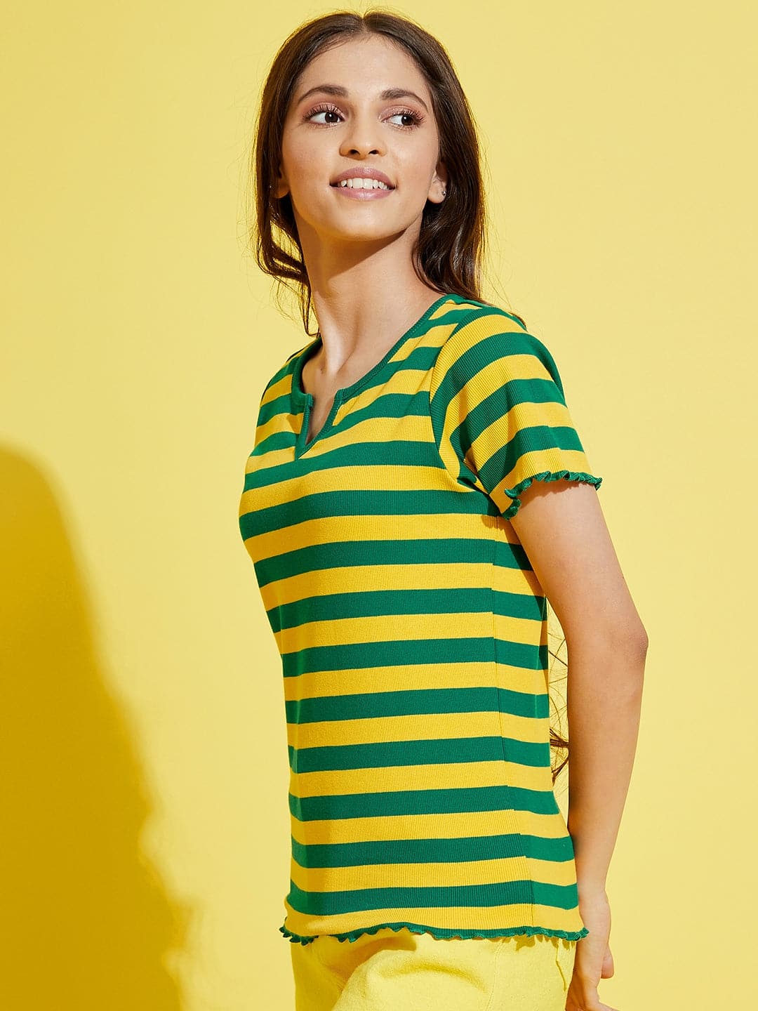 Girl's Green & Yellow Stripes Rib V-Neck Top - LYUSH KIDS