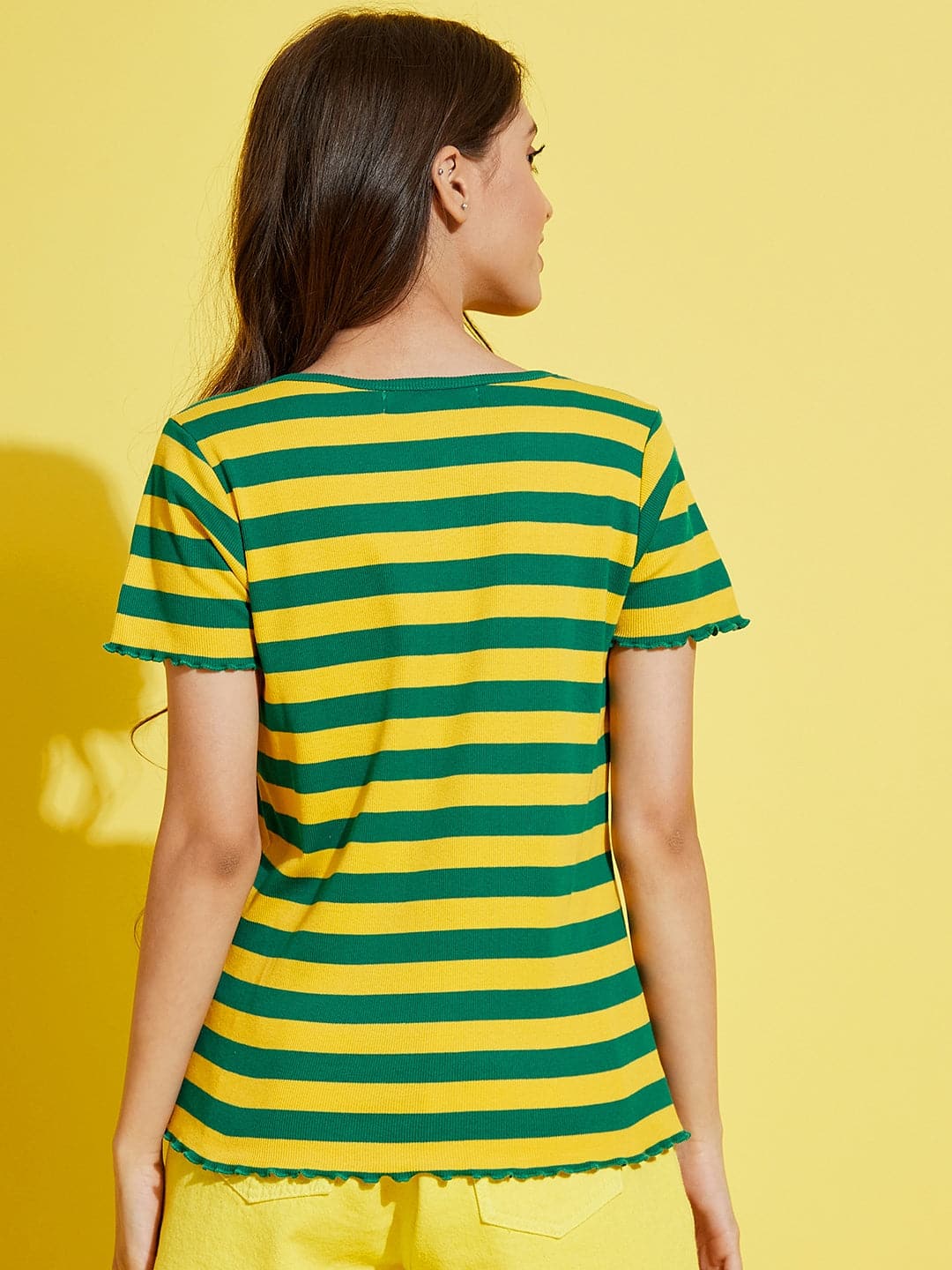 Girl's Green & Yellow Stripes Rib V-Neck Top - LYUSH KIDS