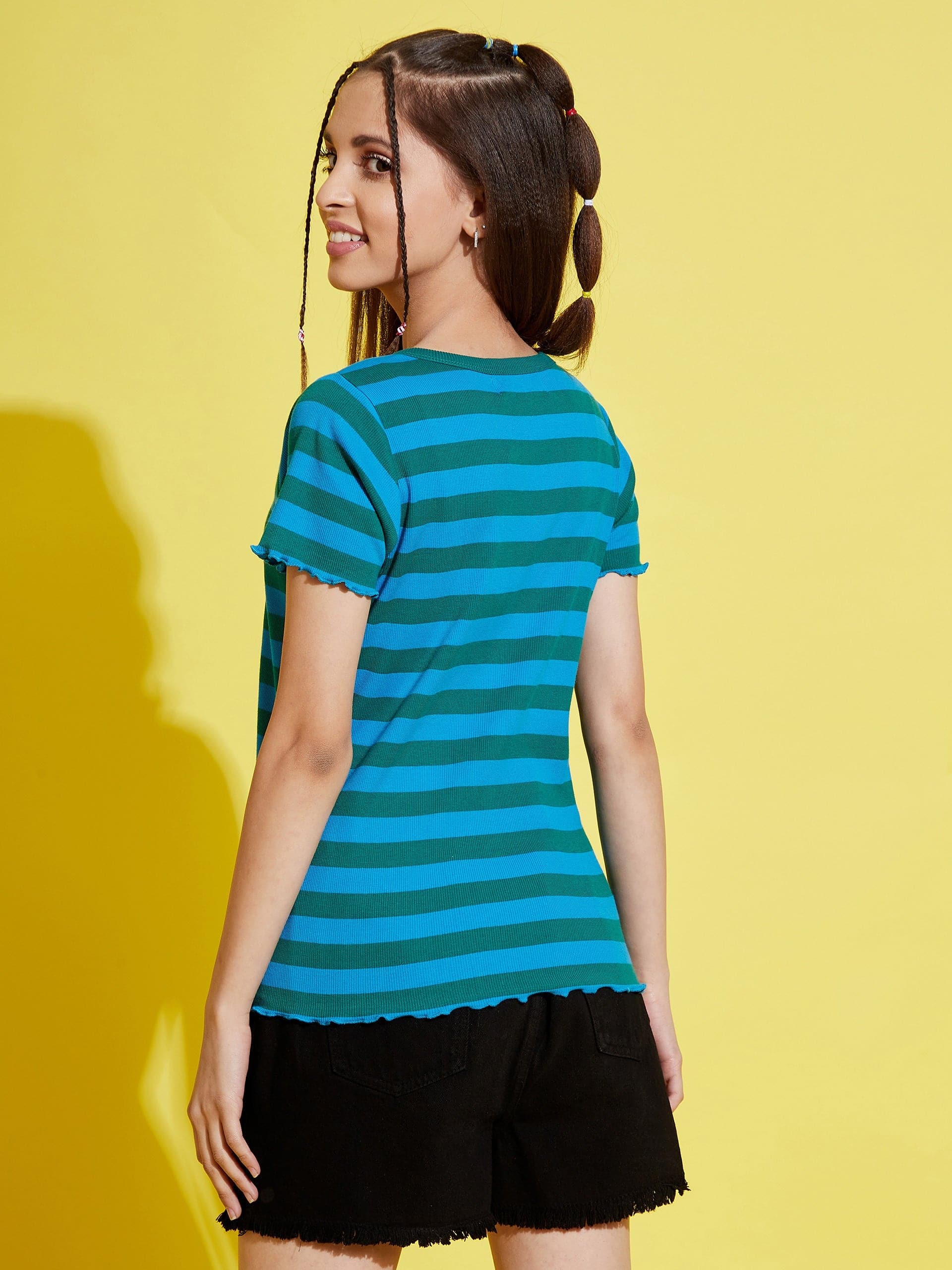 Girl's Blue & Green Stripes Front Button Rib Top - LYUSH KIDS