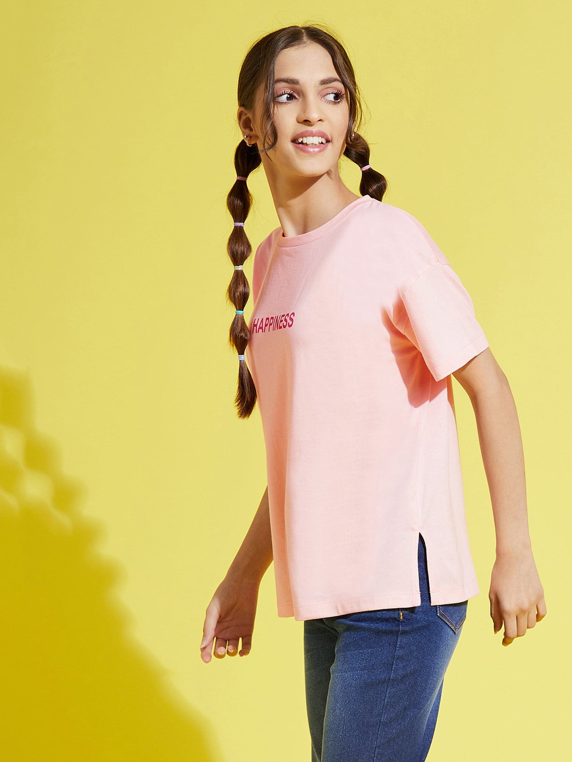 Girl's Pale Pink HAPPINESS Drop Shoulder T-Shirt - LYUSH KIDS