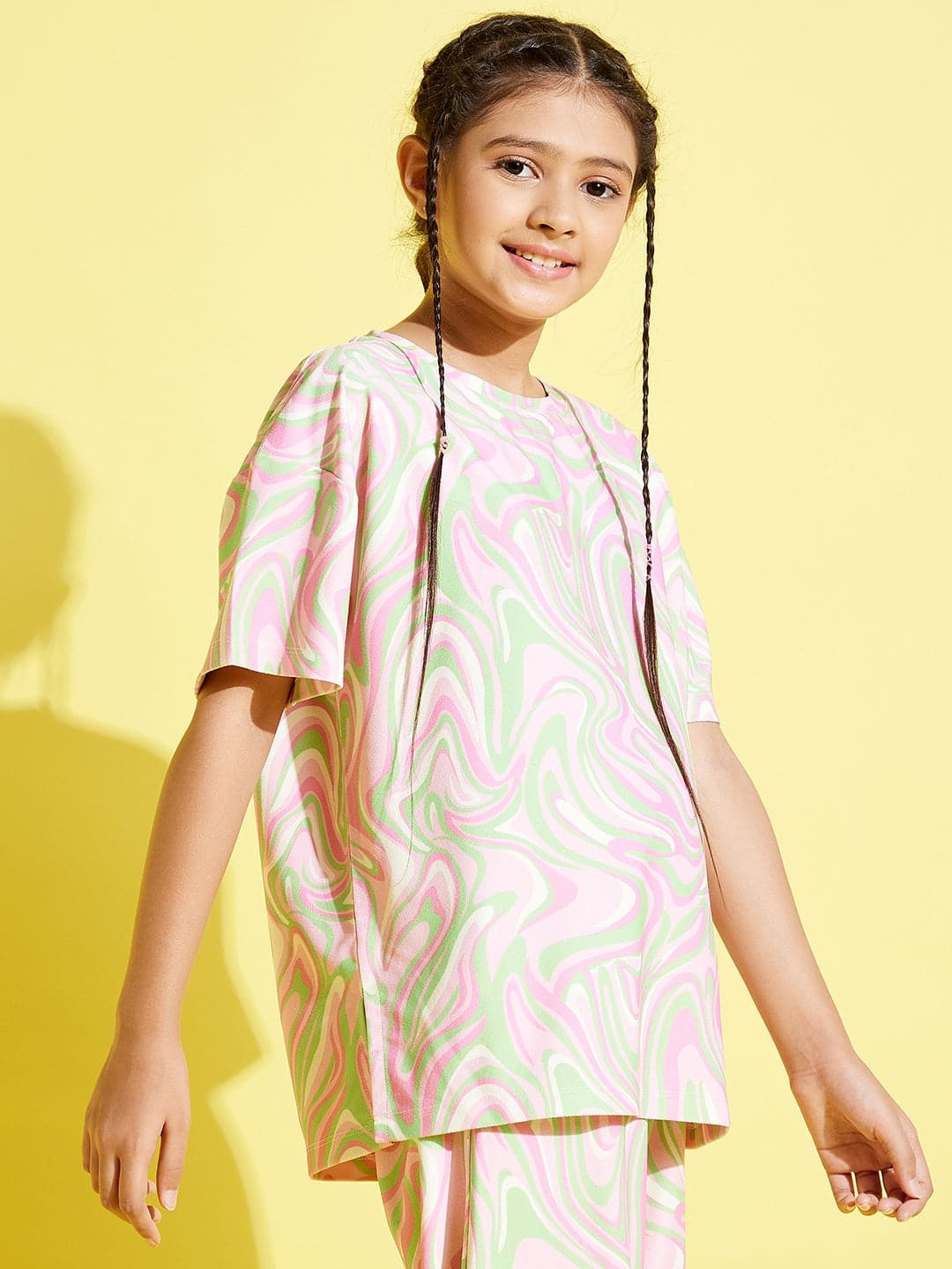 Girl's Pink & Green Abstract Waves Knit Drop Shoulder Top - LYUSH KIDS