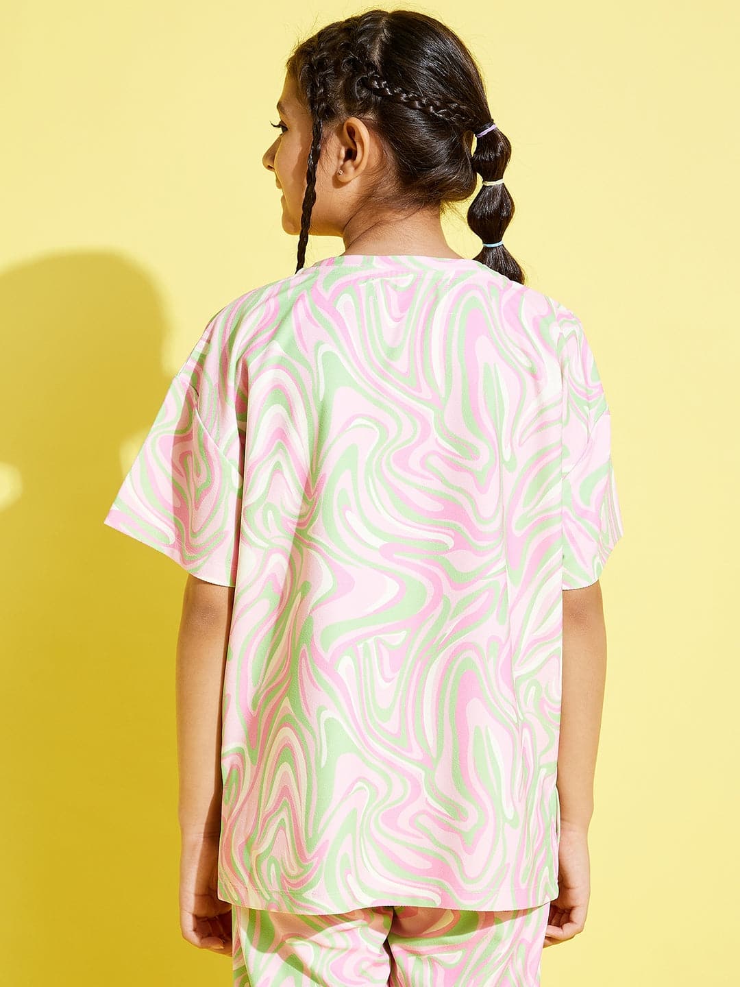 Girl's Pink & Green Abstract Waves Knit Drop Shoulder Top - LYUSH KIDS