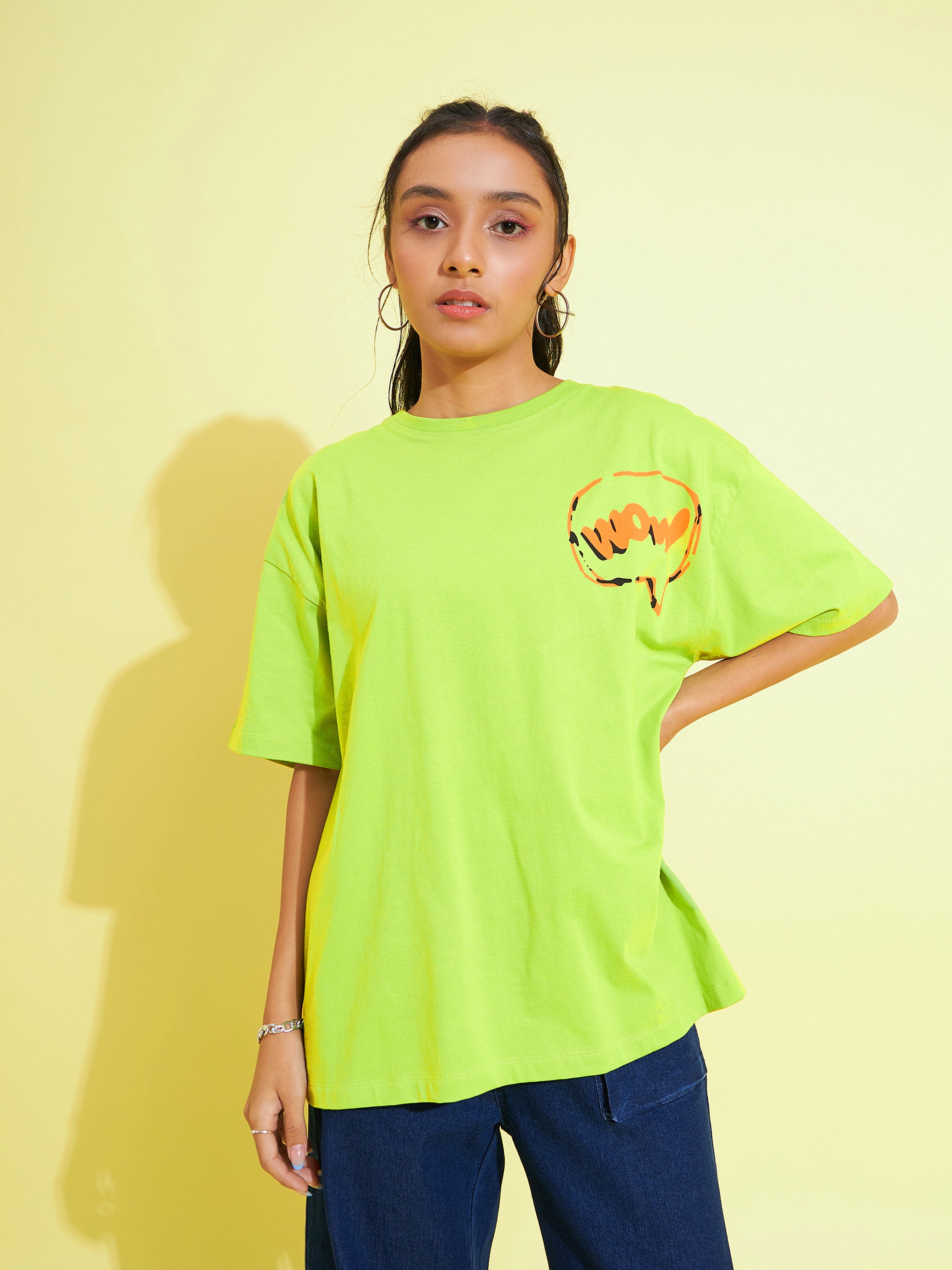 Girls Green Wow Print Oversized T-Shirt - Lyush Kids