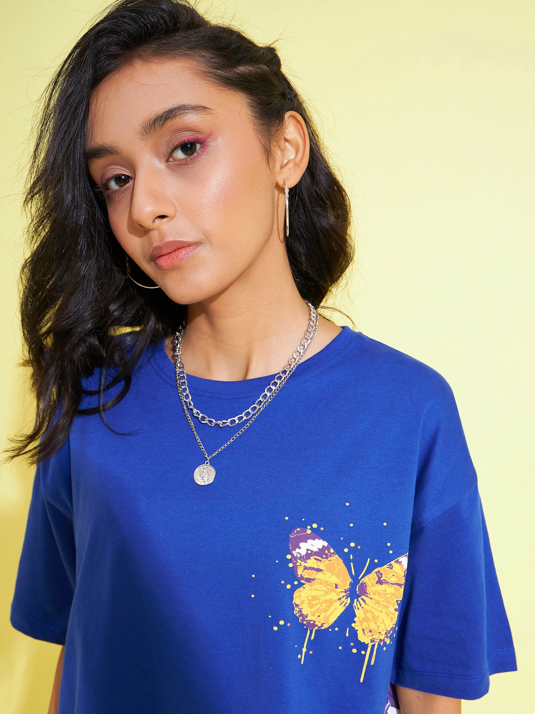 Girls Royal Blue Floral Print Oversized T-Shirt - Lyush Kids