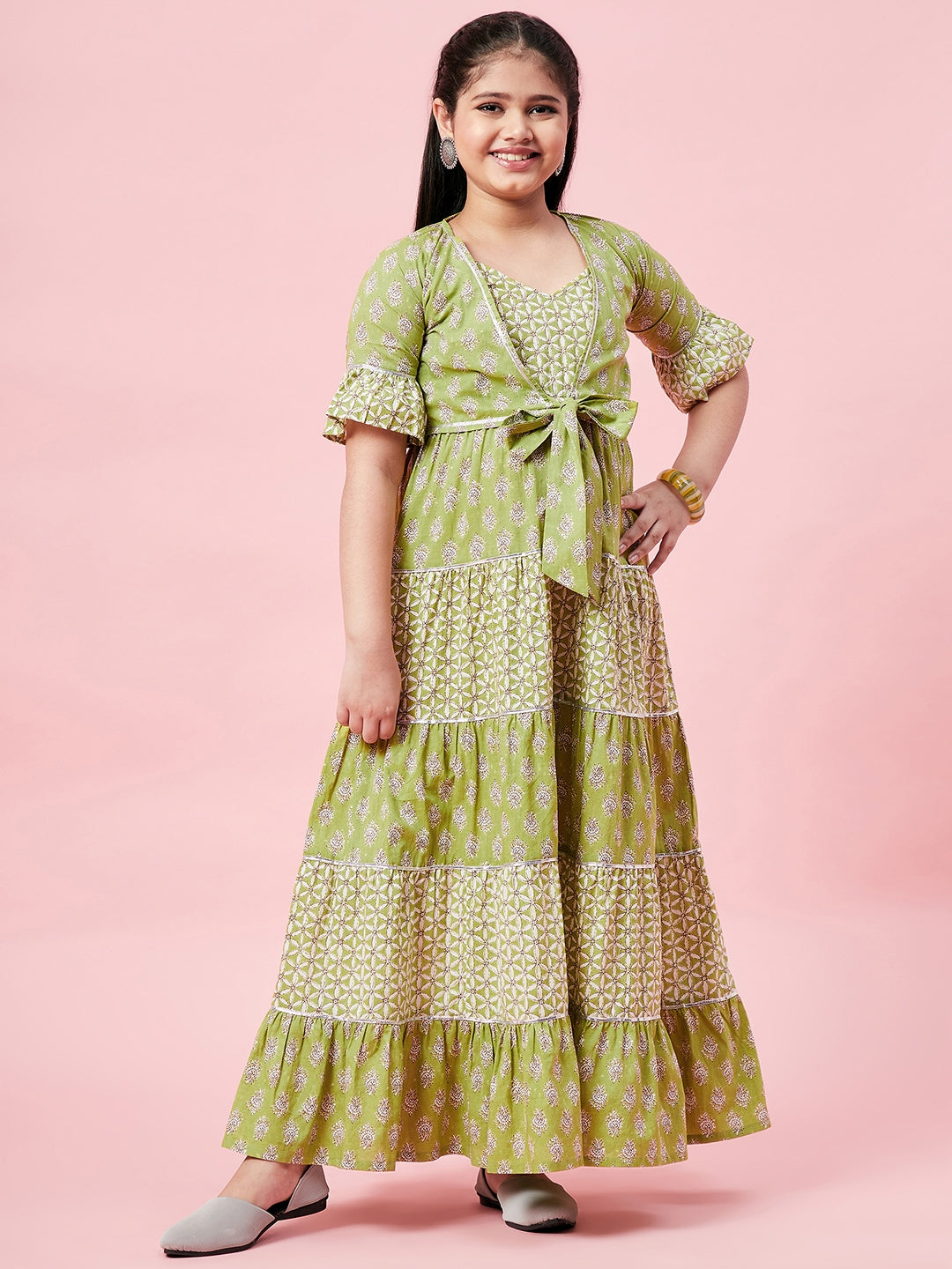 Girl's Printed Dress Green - StyloBug KIDS