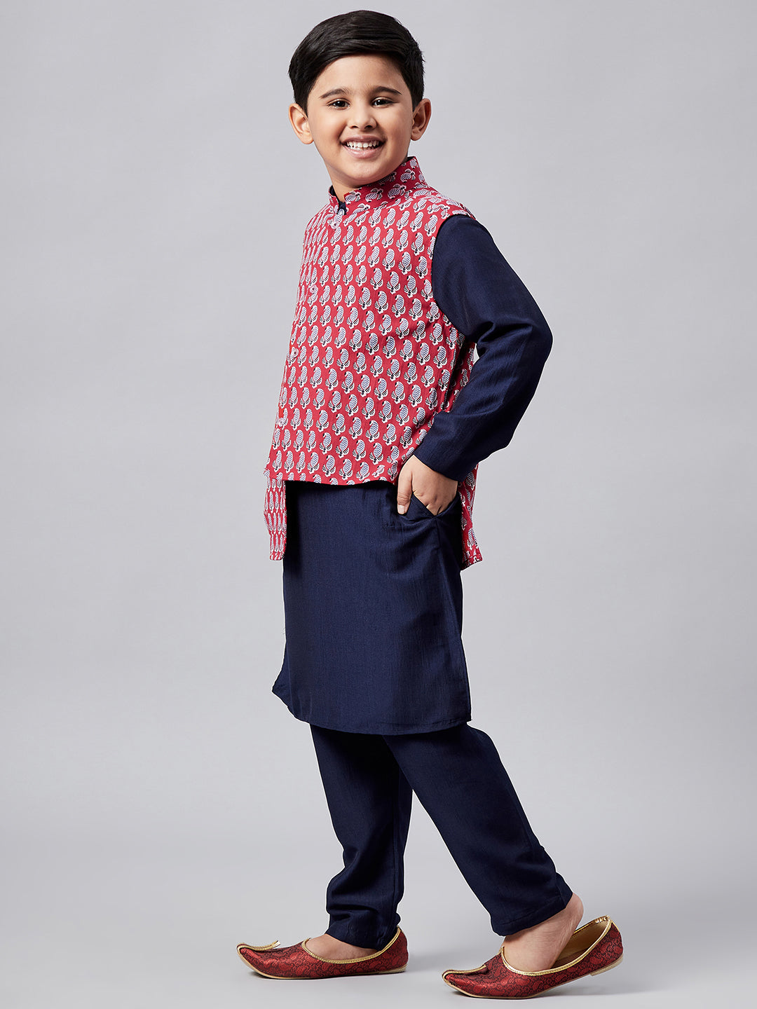 Boy's Printed Kurta set with Jacket Red - StyloBug KIDS