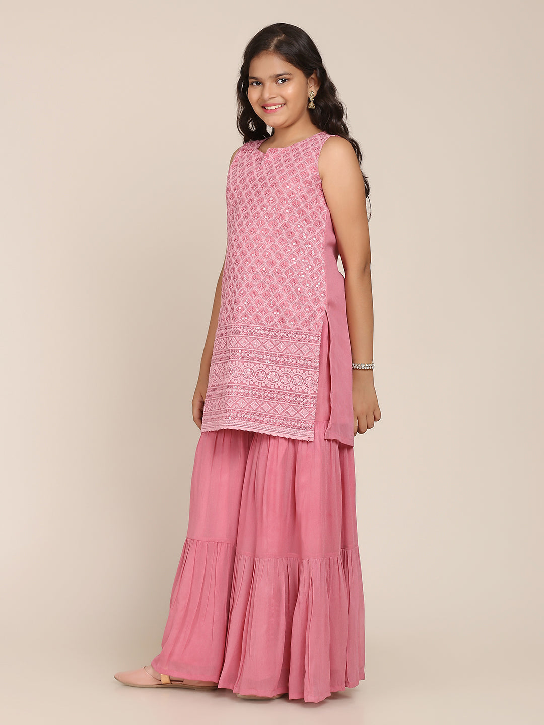 Girl's Pink Kurta And Sharara Set With Dupatta - Bitiya By Bhama