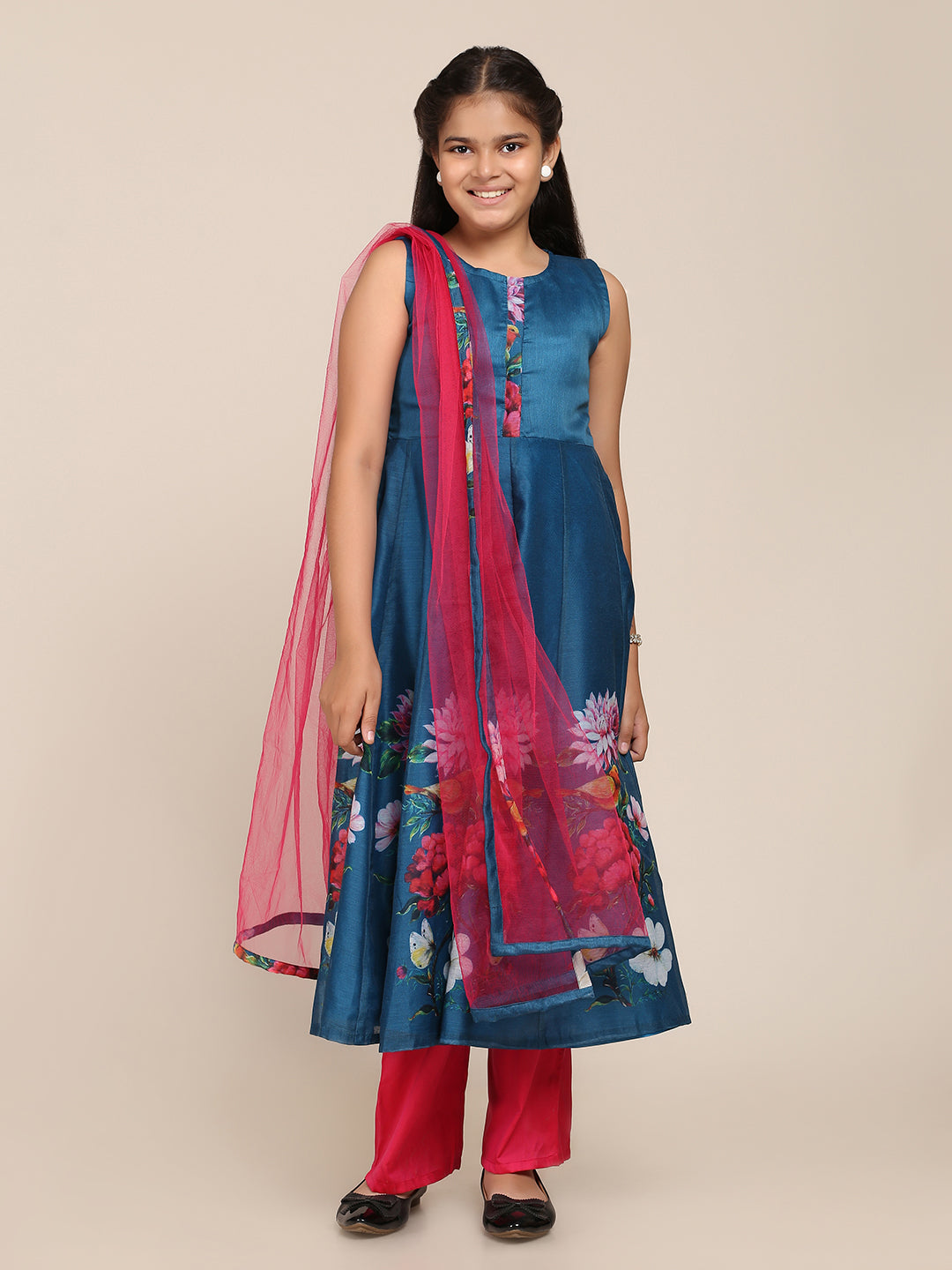 Girl's Blue Digital Print Anarkali With Pant With Dupatta - Bitiya By Bhama