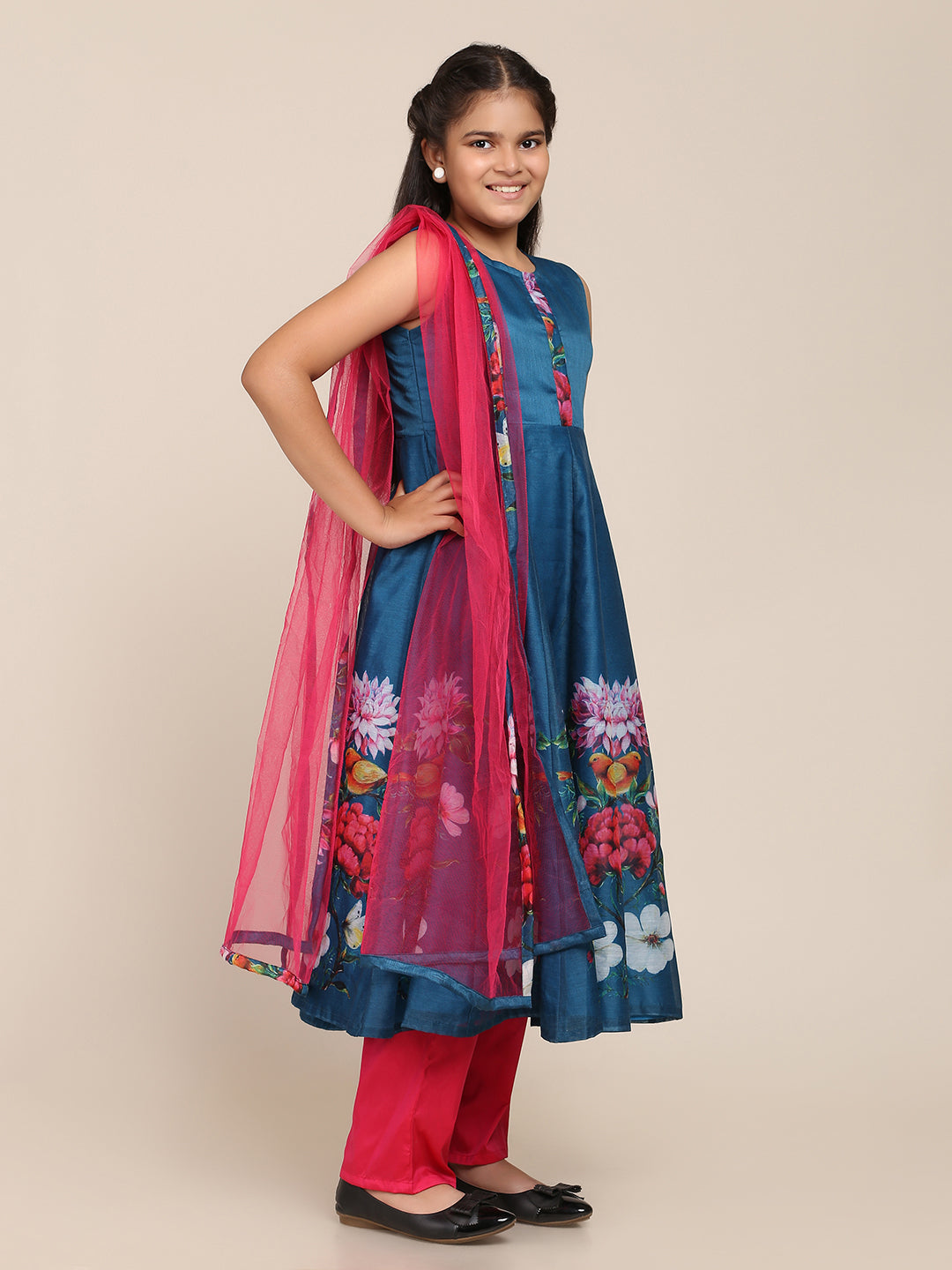 Girl's Blue Digital Print Anarkali With Pant With Dupatta - Bitiya By Bhama