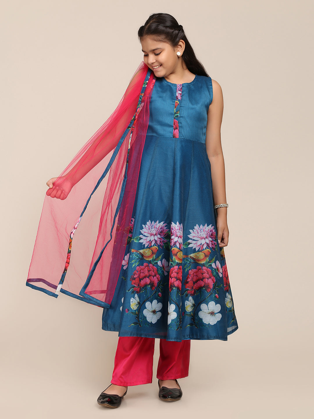 Girl's Blue Digital Print Anarkali With Pant With Dupatta - Bitiya By Bhama