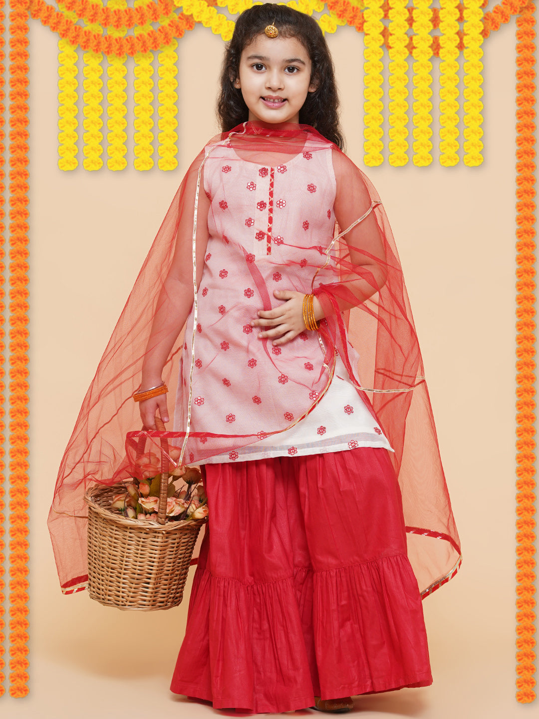 Girl's Off White Embroidered Kurta With Sharara With Dupatta

 - Bitiya By Bhama