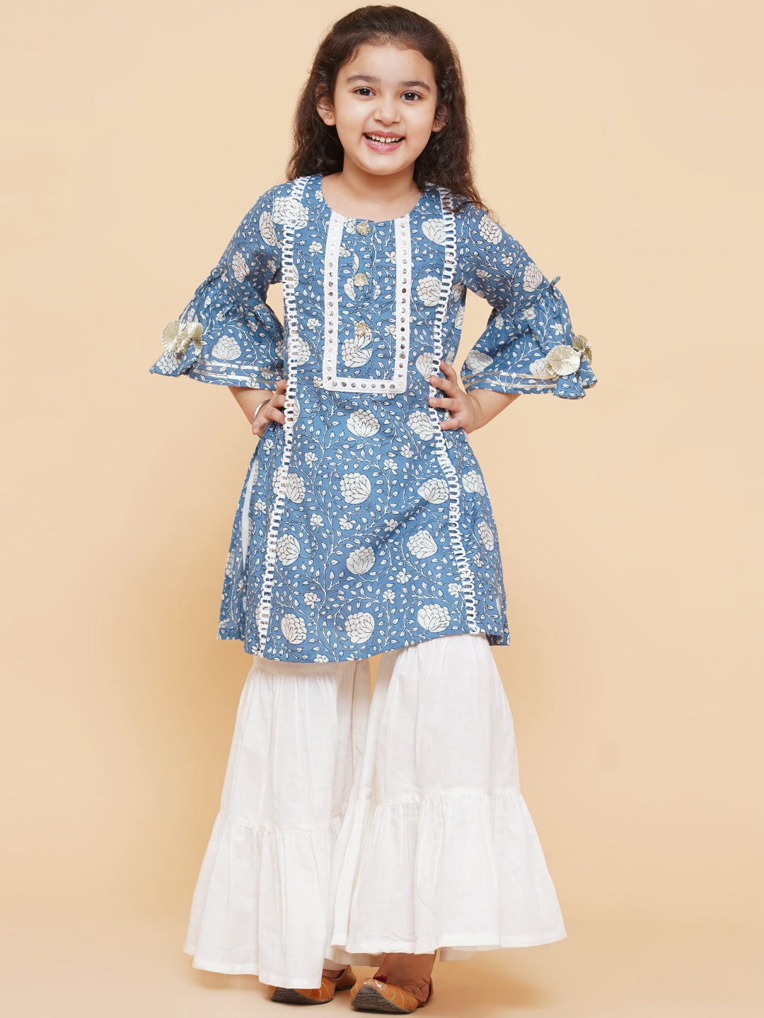 Girl's Blue Coloured Printed Kurta With Sharara  - Bitiya By Bhama
