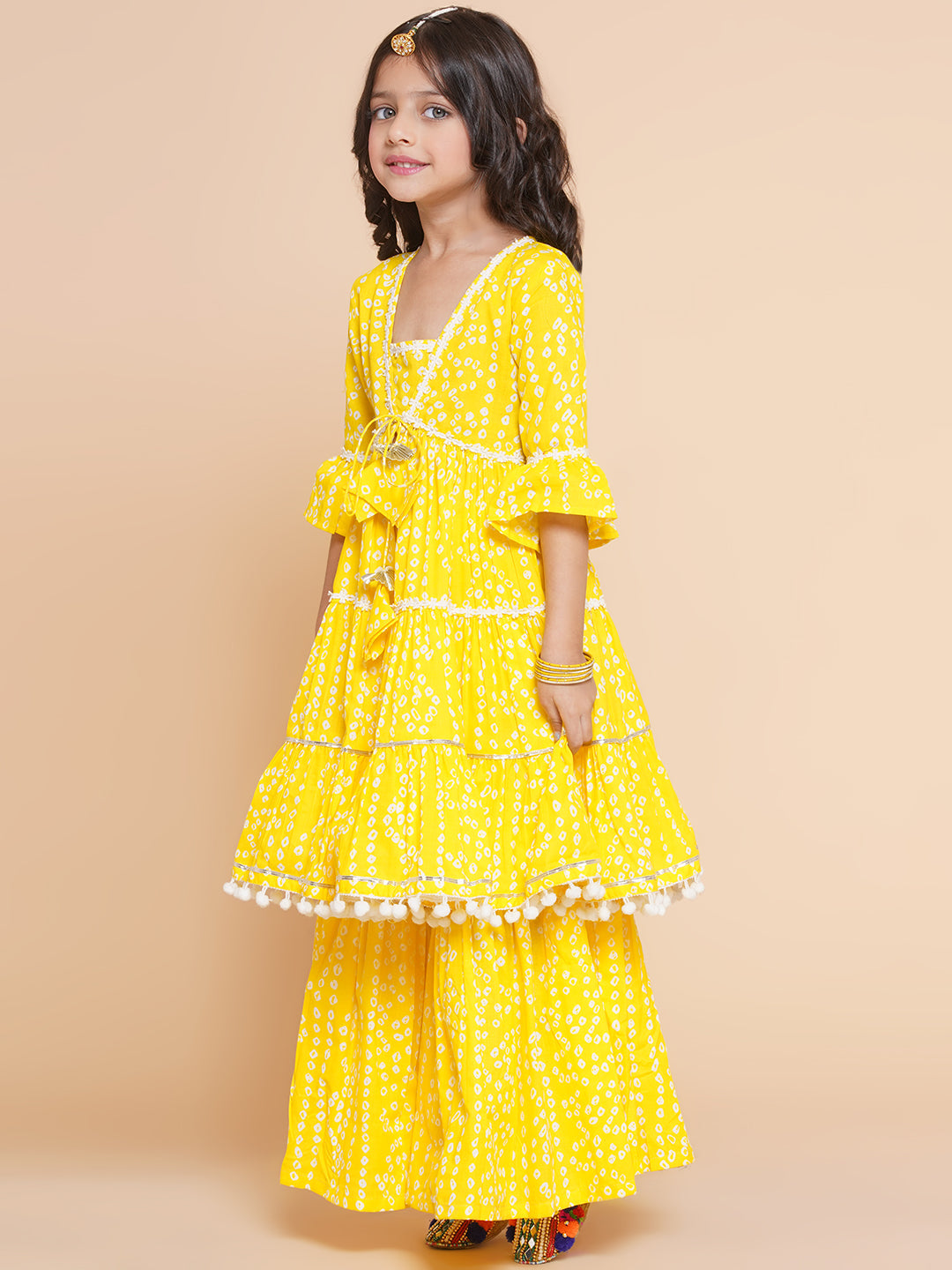 Girl's Yellow Bandhani Printed Empire Gotta Patti Kurta With Sharara - Bitiya By Bhama