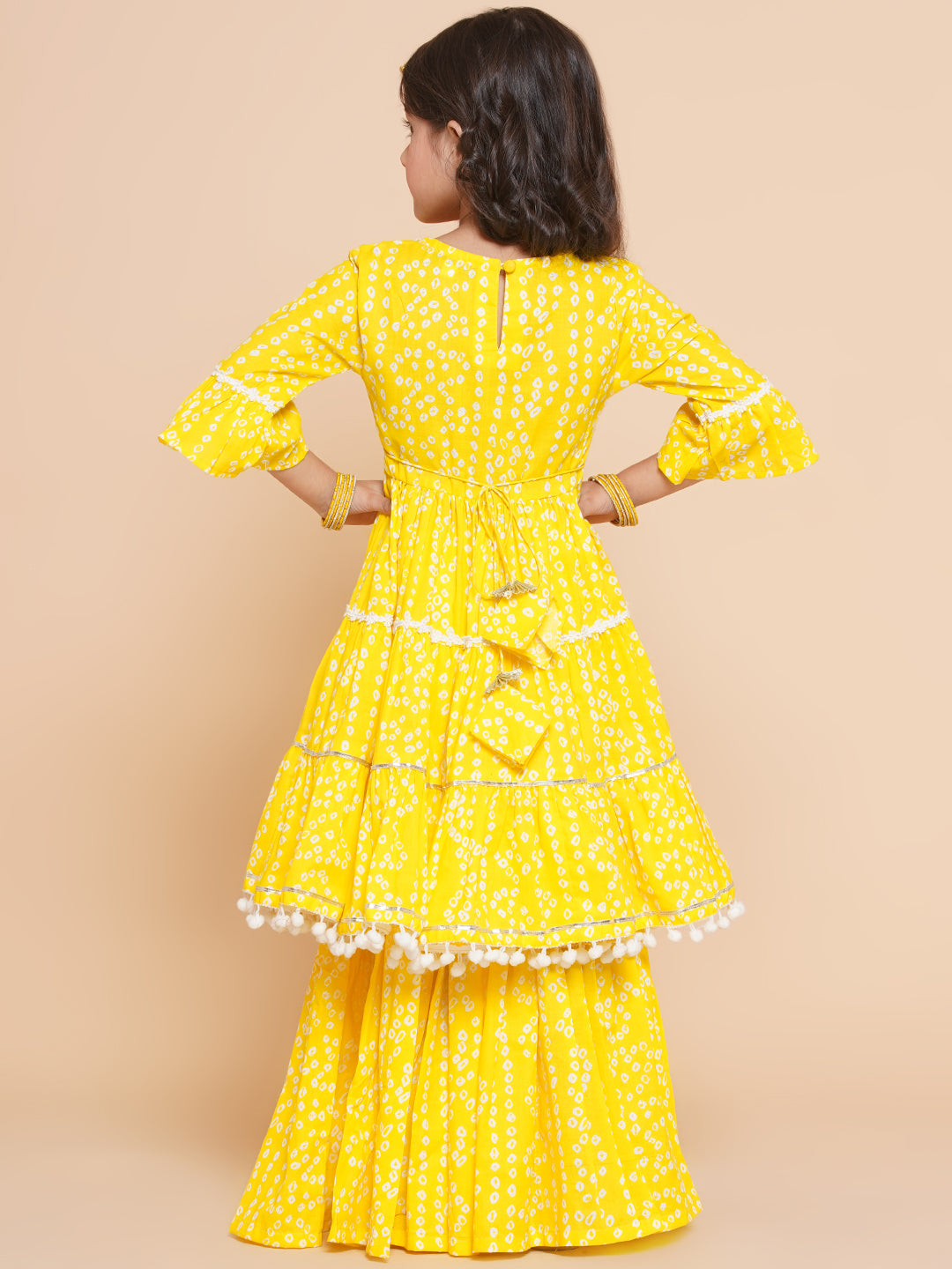 Girl's Yellow Bandhani Printed Empire Gotta Patti Kurta With Sharara - Bitiya By Bhama