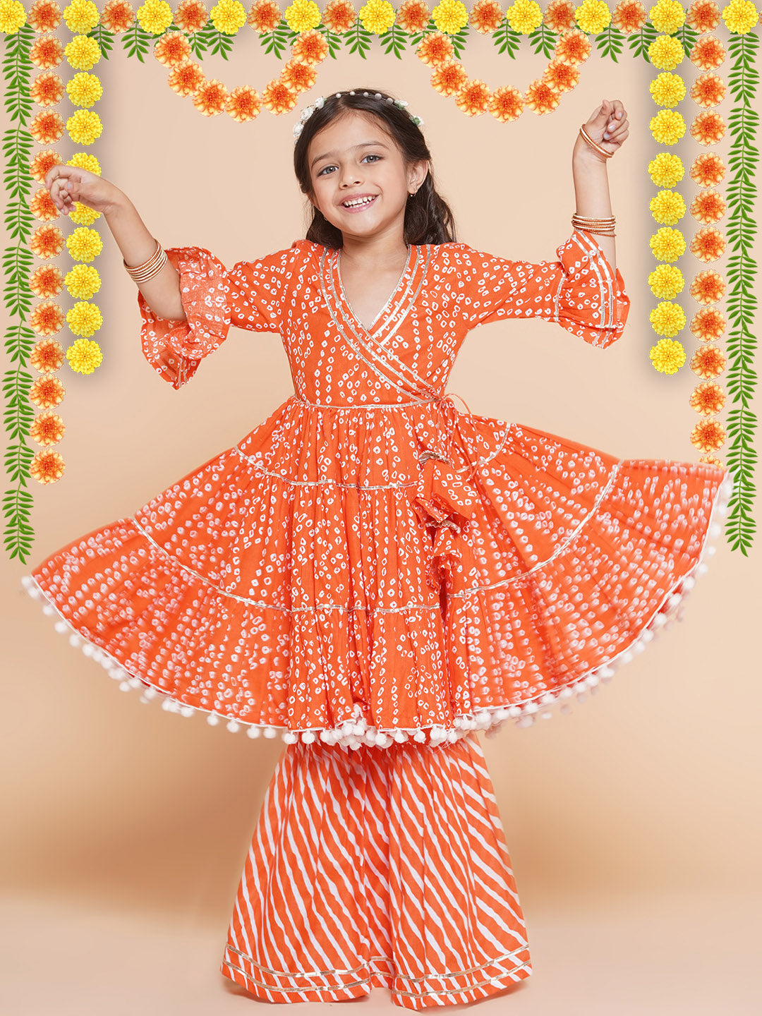 Girl's  Orange Bandhani Printed With Gotta Patti Lace Kurta With Sharara - Bitiya By Bhama