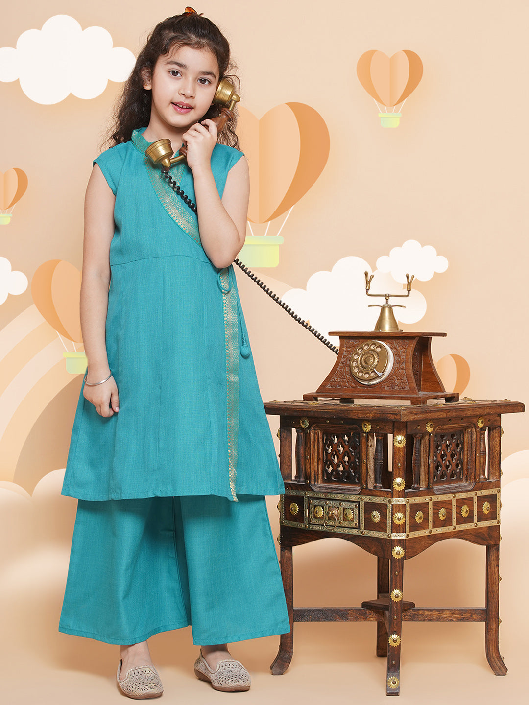 Girl's Sea  Green  Angrakha Kurta With Palazzos - Bitiya By Bhama