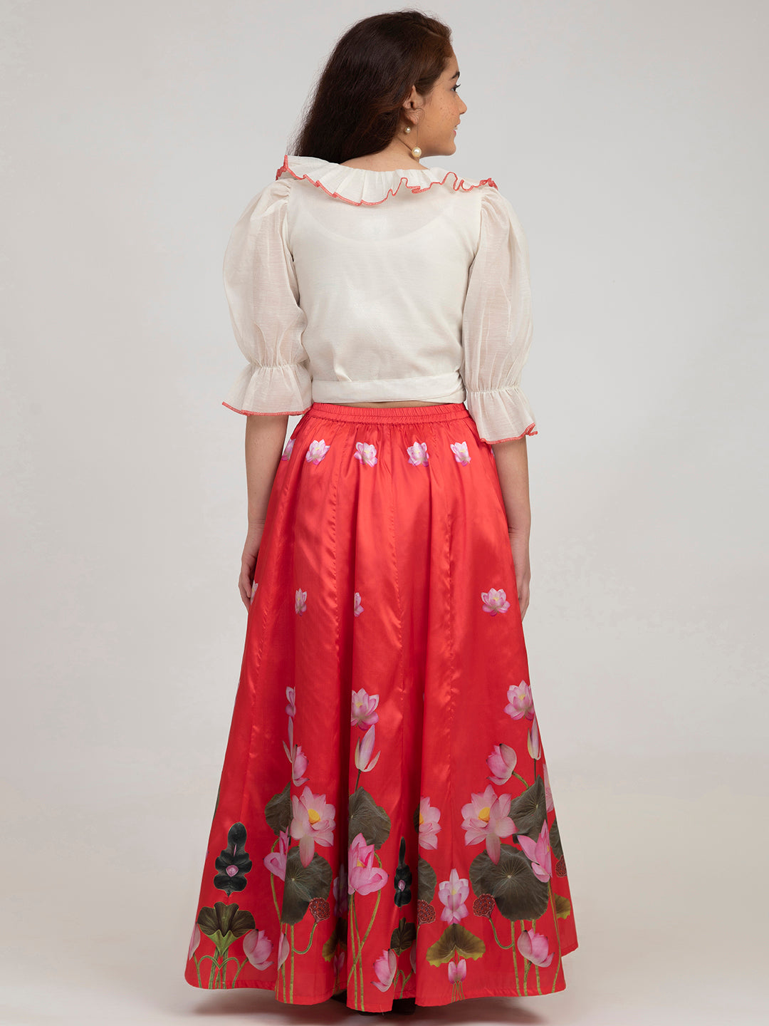 Girls Off White And Red Flora Printed Lehenga Choli - Bitiya By Bhama