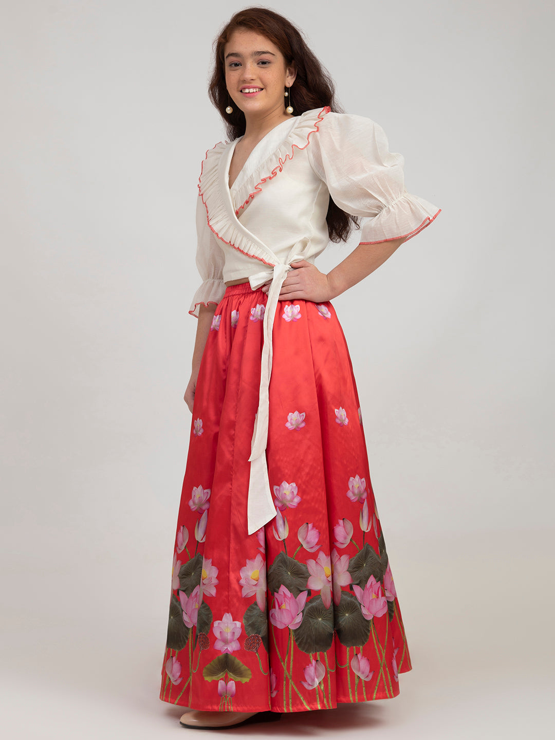 Girls Off White And Red Flora Printed Lehenga Choli - Bitiya By Bhama