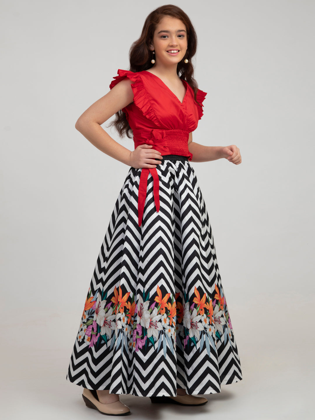 Girls Red And Black Zig-Zag Printed Lehenga-Choli - Bitiya By Bhama