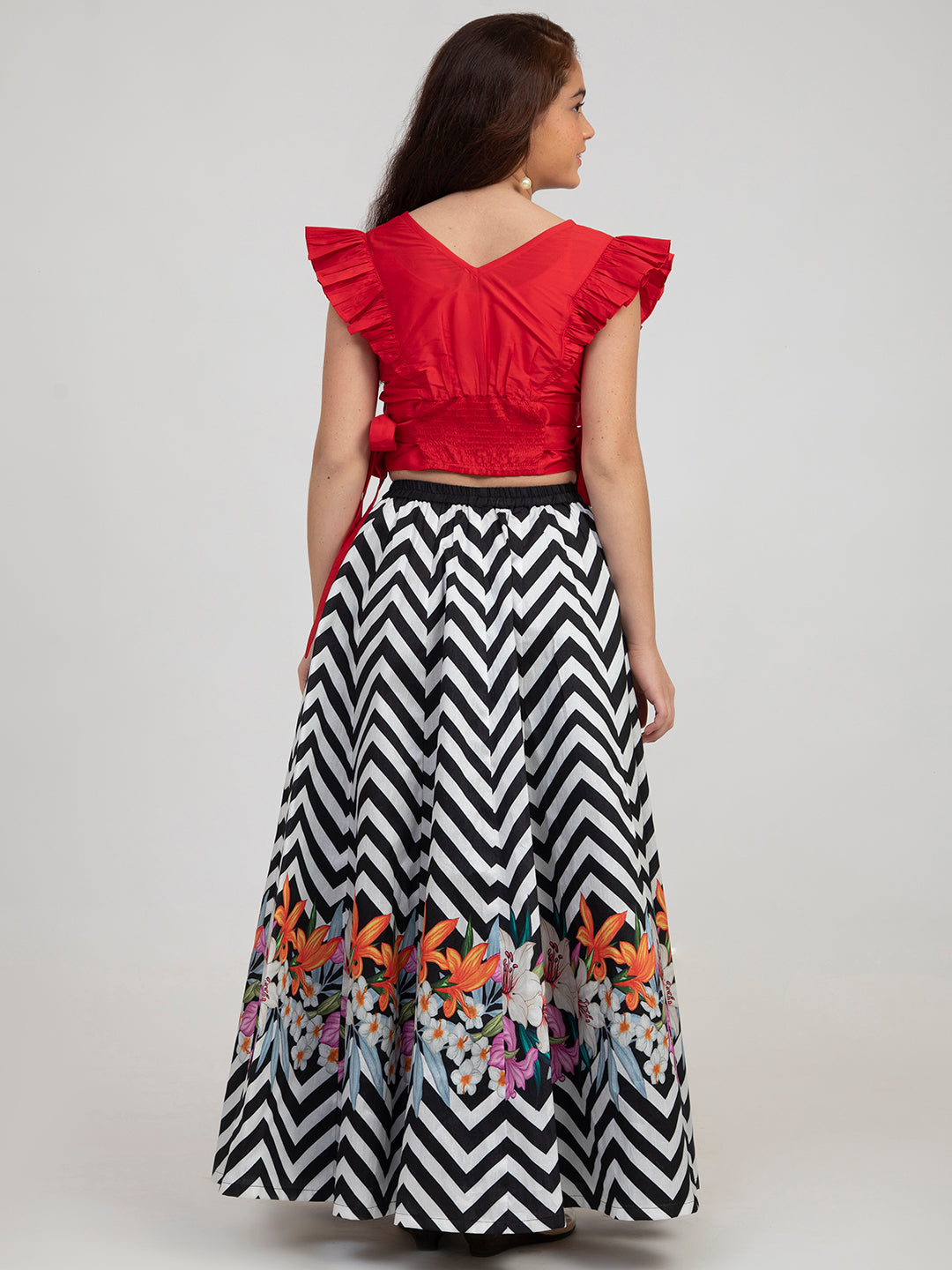 Girls Red And Black Zig-Zag Printed Lehenga-Choli - Bitiya By Bhama