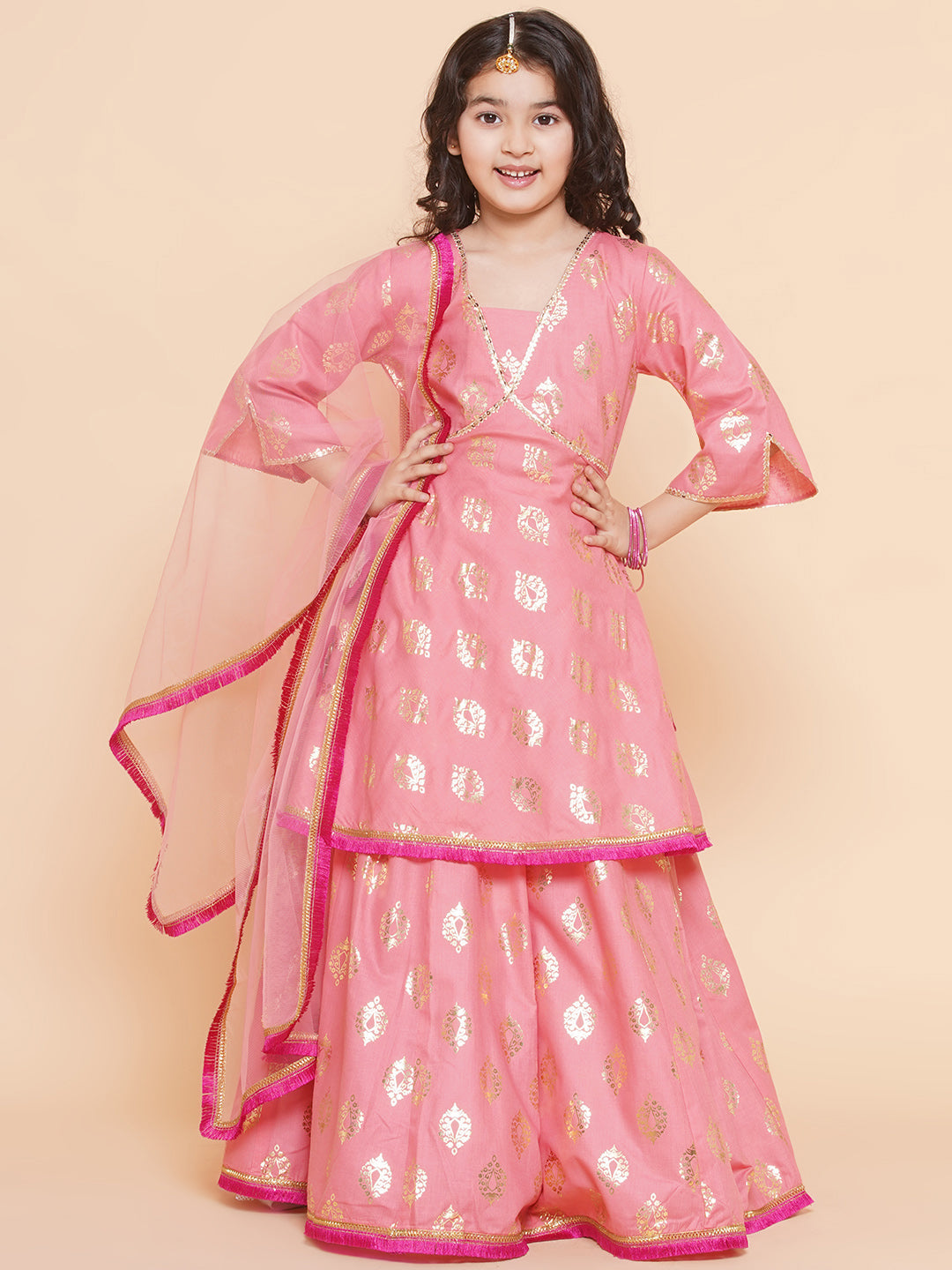 Girls Peach Foil Printed Lace Work Lehenga,Choli With Dupatta. - Bitiya By Bhama