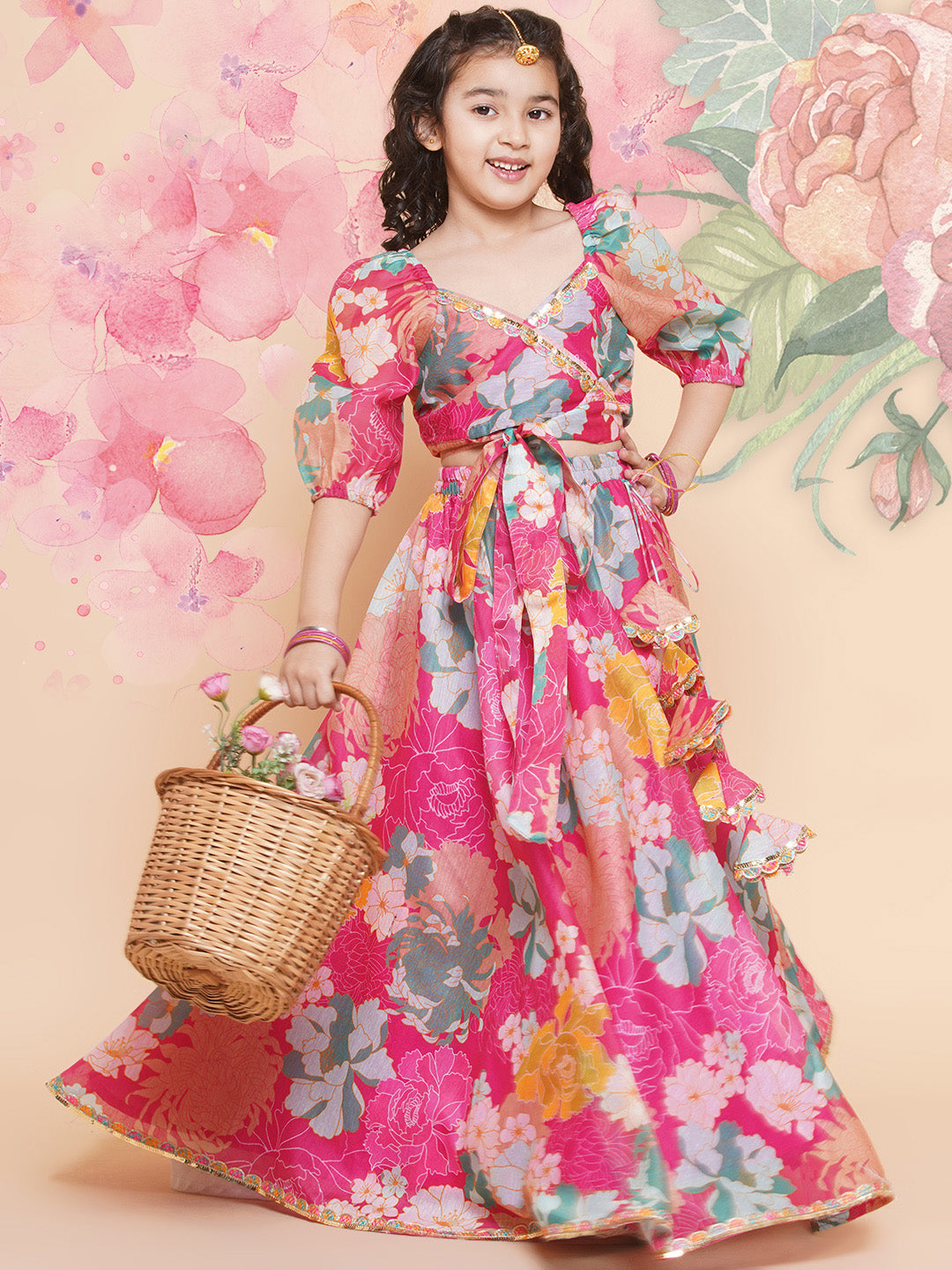 Girls Pink Flower Digital Multi Print Lace Work Choli With Ready To Wear Lehenga. - Bitiya By Bhama