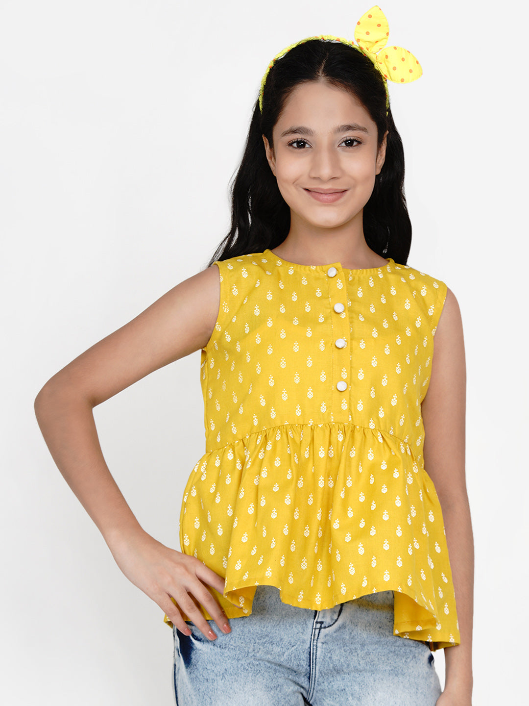 Girl's Mustard Yellow Printed Top - Bitiya By Bhama