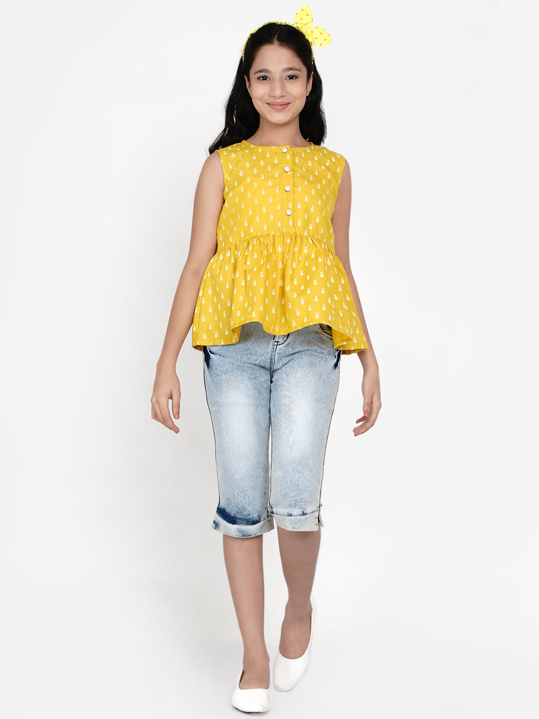 Girl's Mustard Yellow Printed Top - Bitiya By Bhama