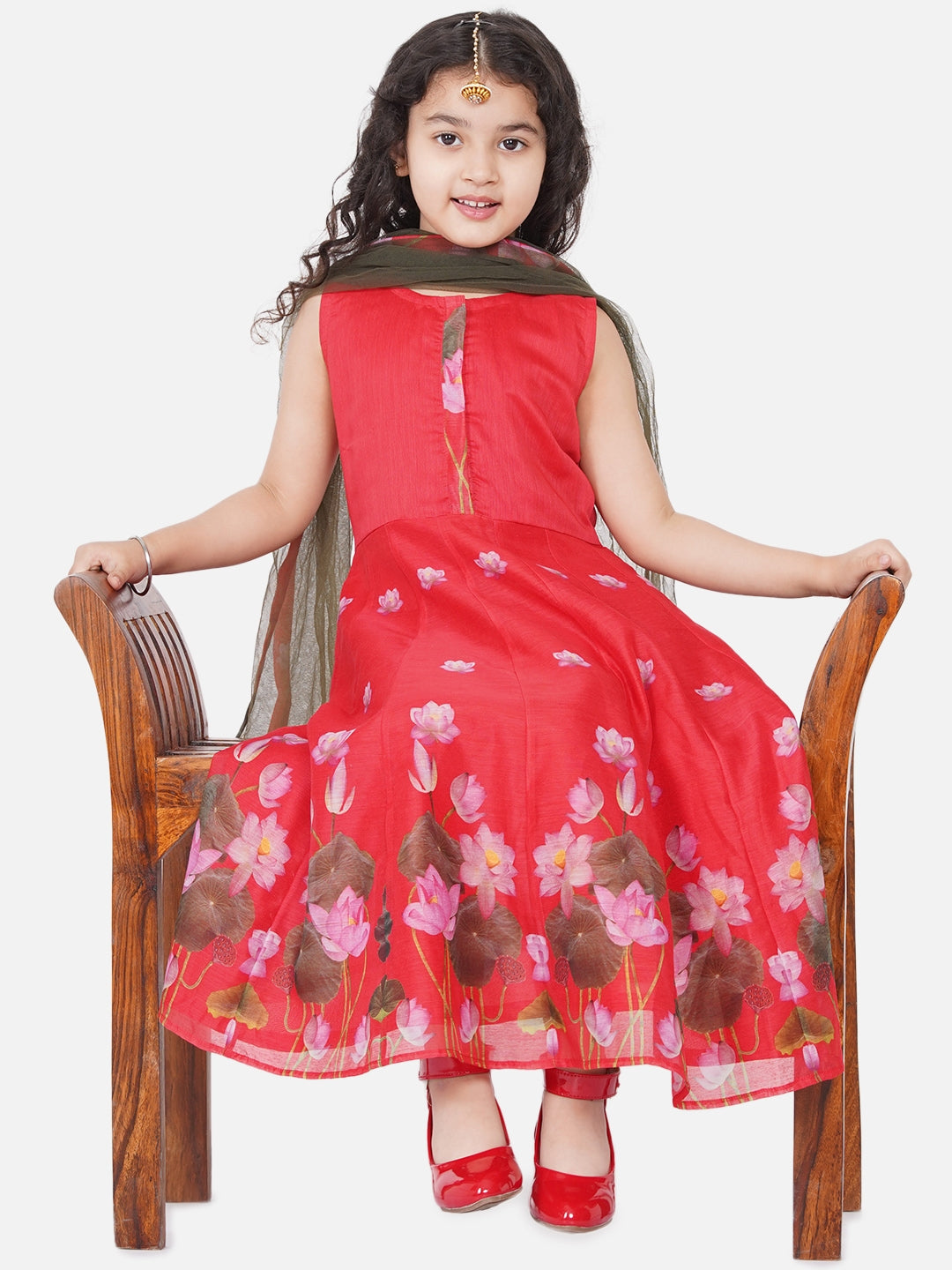 Girl's Red Ethnic Motifs Printed Chanderi Cotton Kurta with Churidar & With Dupatta - NOZ2TOZ KIDS