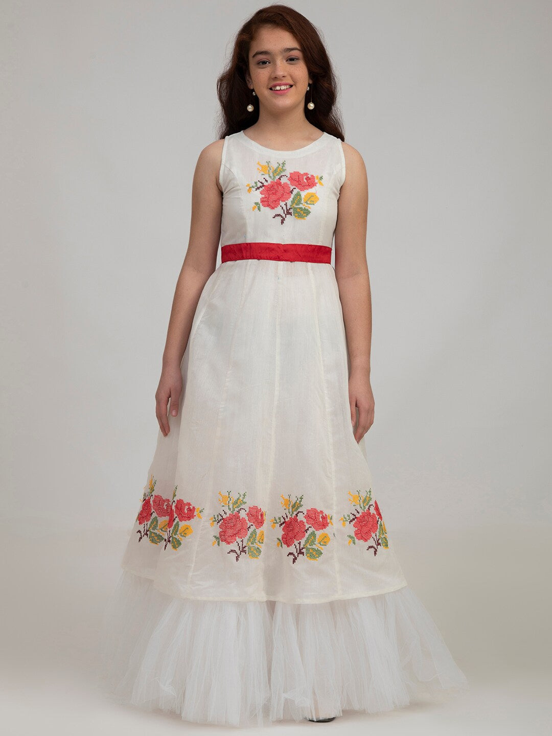 Girl's White Floral Embroidered Maxi Dress - NOZ2TOZ KIDS