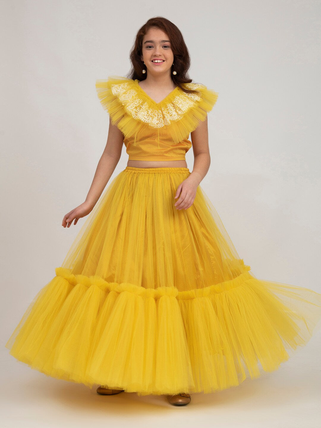 Girl's Yellow & White Embroidered Ready to Wear Lehenga & Blouse - NOZ2TOZ KIDS