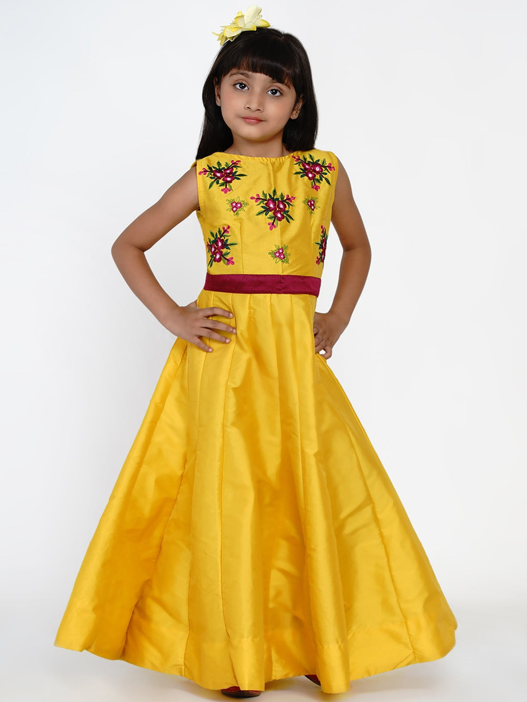 Girl's Yellow Embroidered Fit and Flare Dress - NOZ2TOZ KIDS