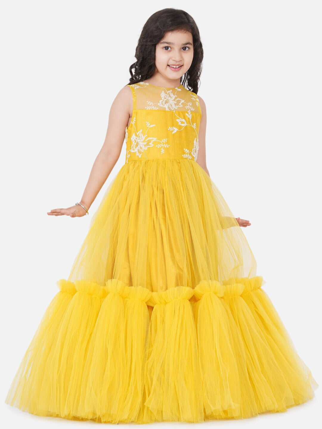 Girl's Yellow Embellished Net Maxi Dress - NOZ2TOZ KIDS