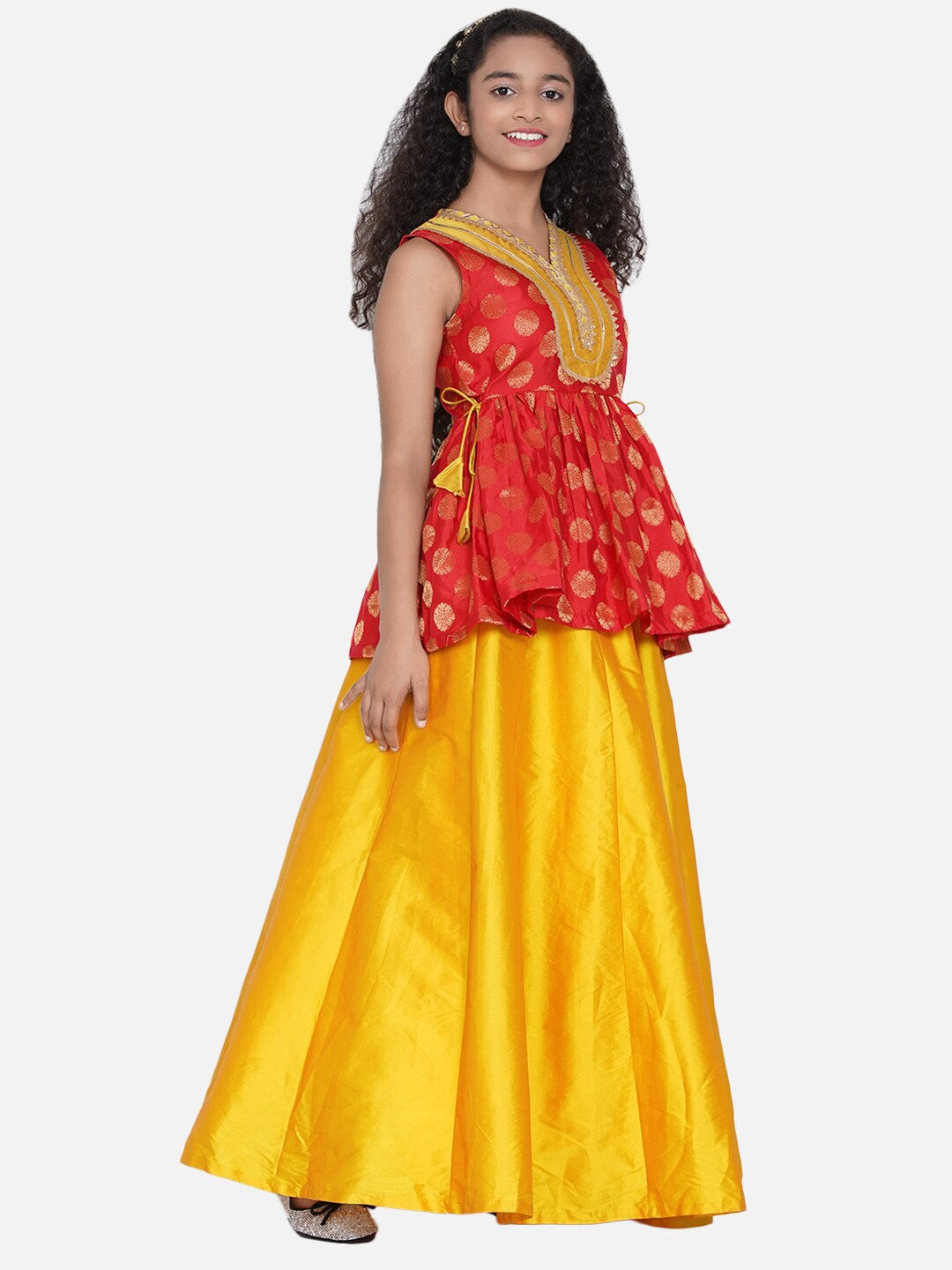 Girl's Red & Mustard Yellow Woven Design Gota Patti Ready to Wear Lehenga - NOZ2TOZ KIDS