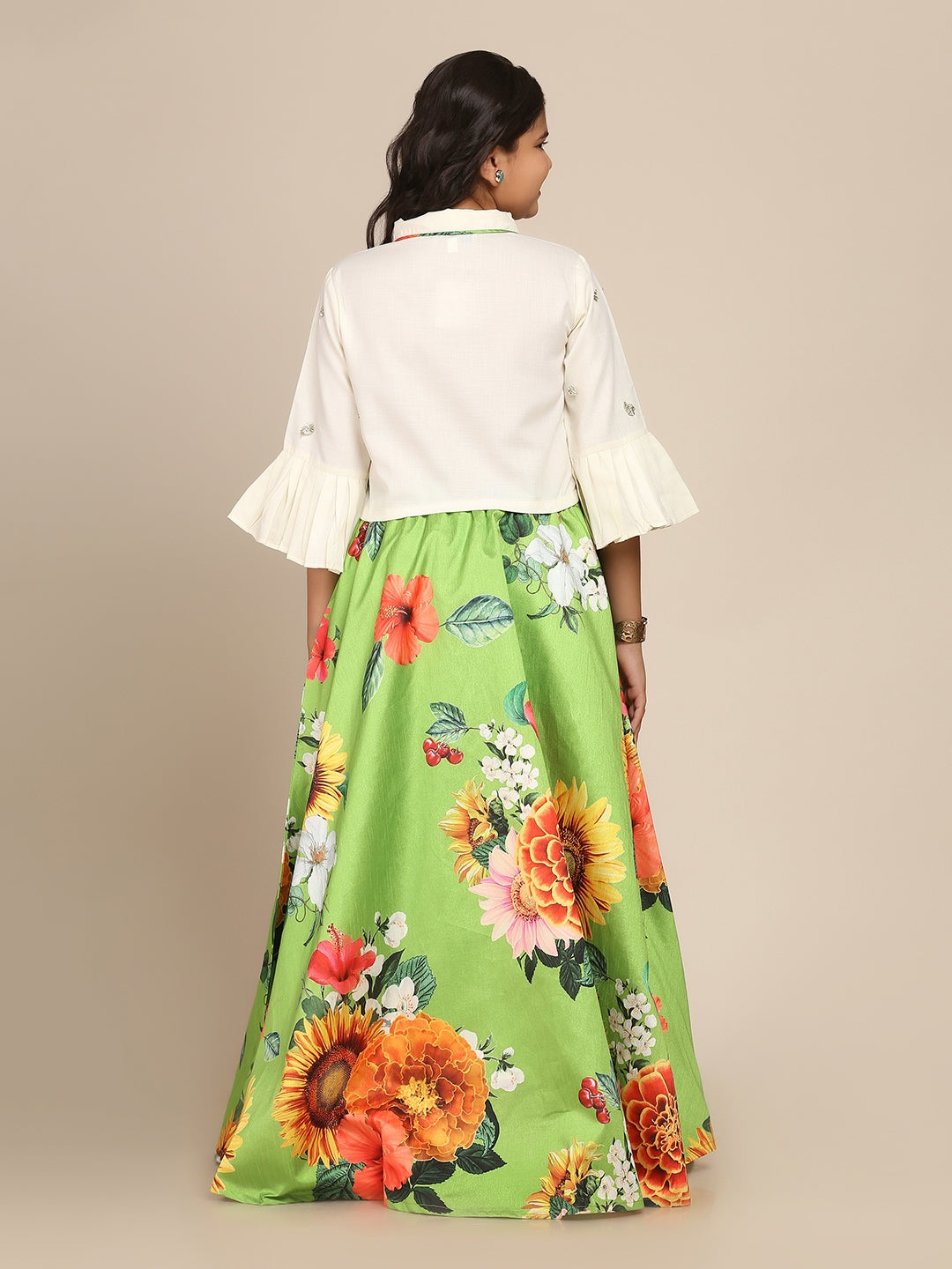 Girl's Lime Green & White Floral Printed Ready To Wear Lehenga Choli - NOZ2TOZ KIDS