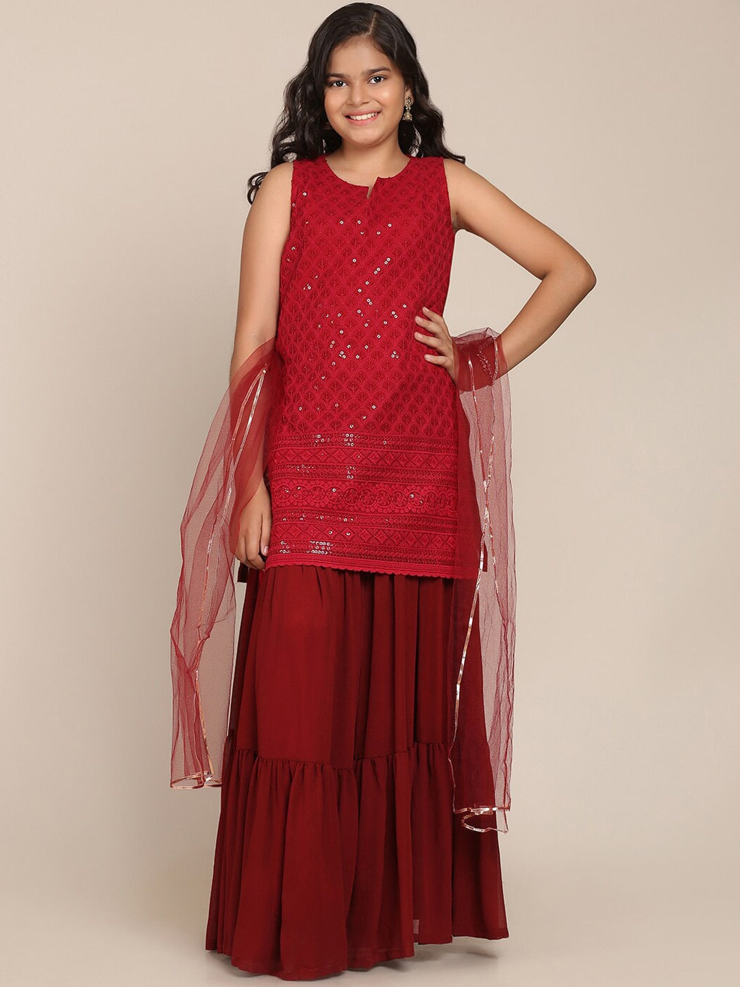 Girl's Maroon Floral Embroidered Sequinned Kurti with Skirt & With Dupatta - NOZ2TOZ KIDS