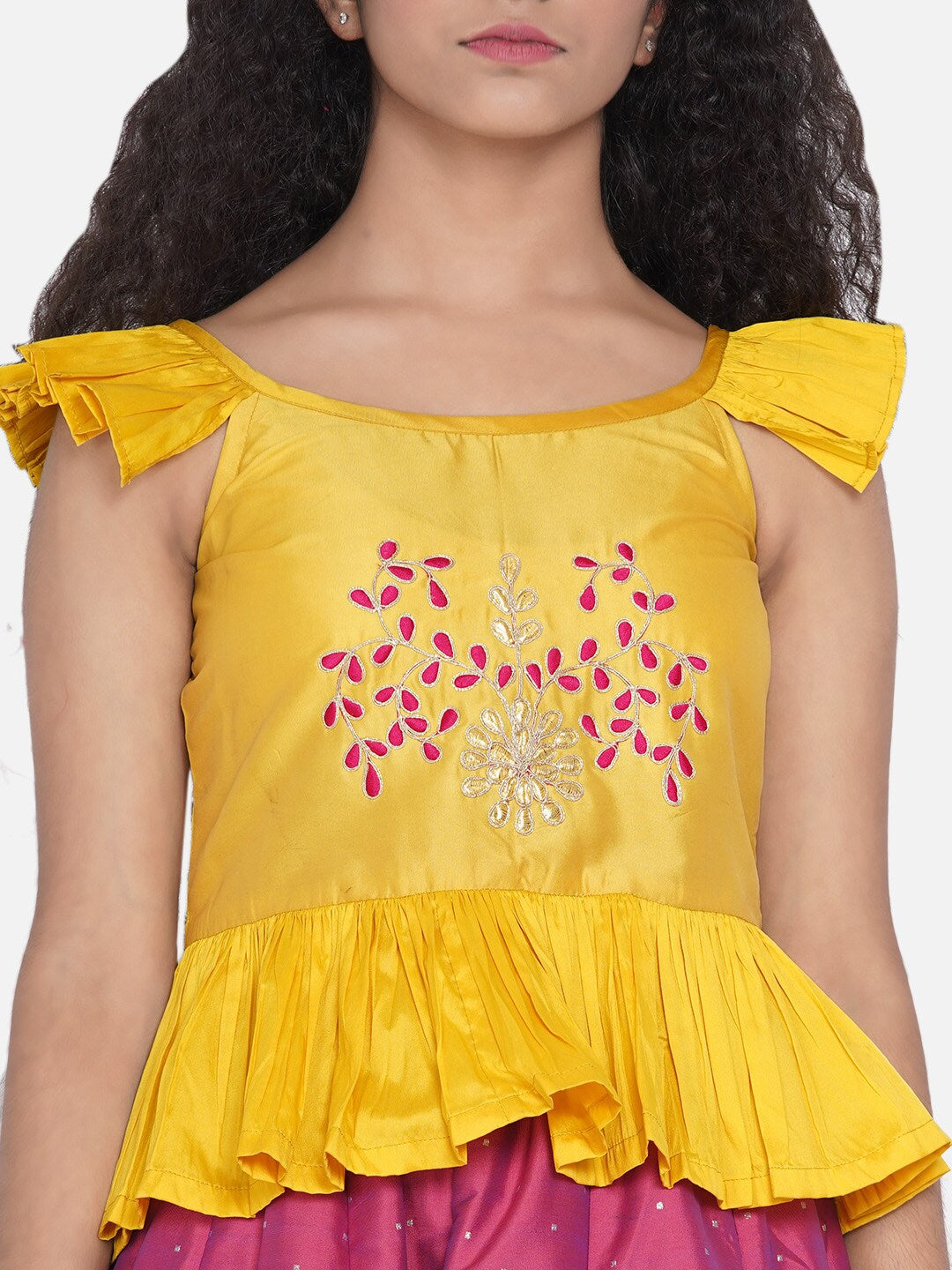 Girl's Mustard & Fuchsia Embroidered Ready to Wear Lehenga - NOZ2TOZ KIDS
