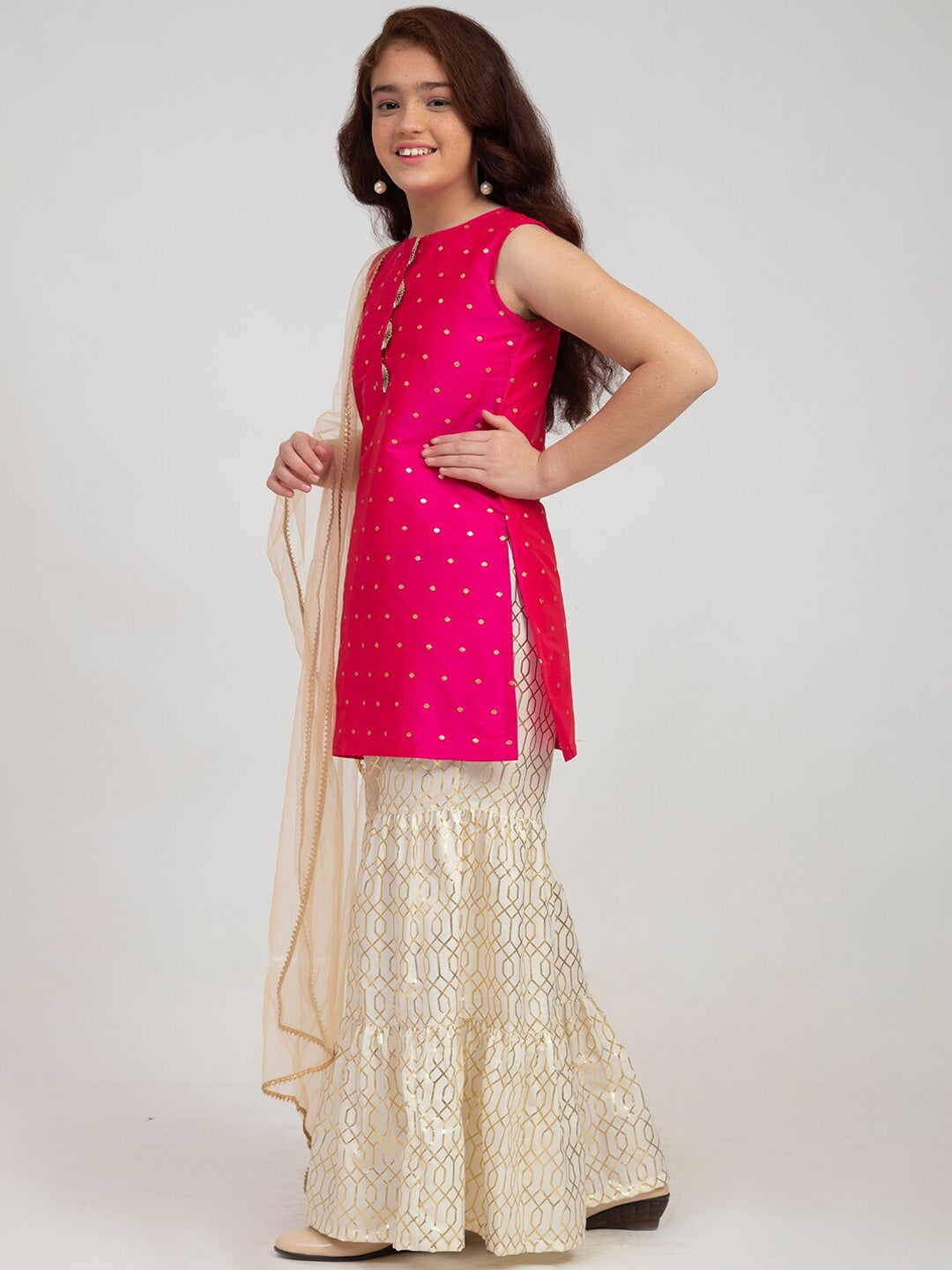 Girl's Pink Ethnic Motifs Embroidered Panelled Kurti with Sharara & With Dupatta - NOZ2TOZ KIDS