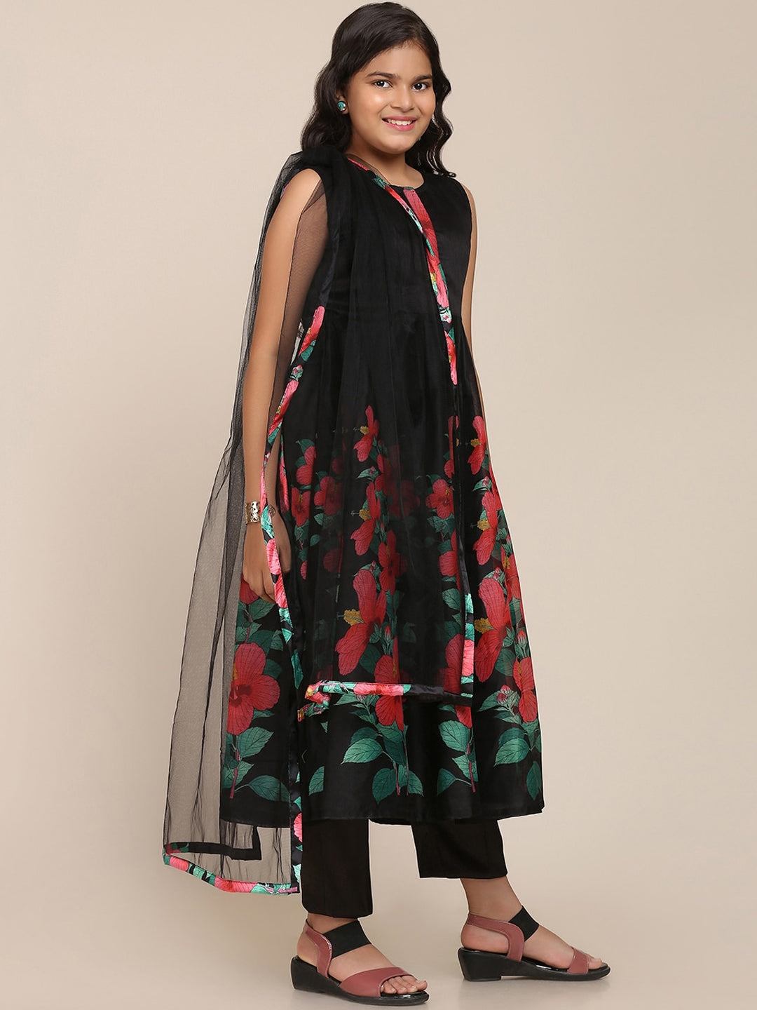 Girl's Black Floral Printed Pleated Kurta with Trousers & With Dupatta - NOZ2TOZ KIDS
